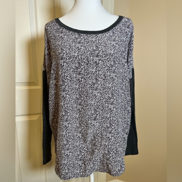 Lou and Grey Mixed Media Long Sleeve Top Grey and White Herringbone Size Large - Picture 1 of 10